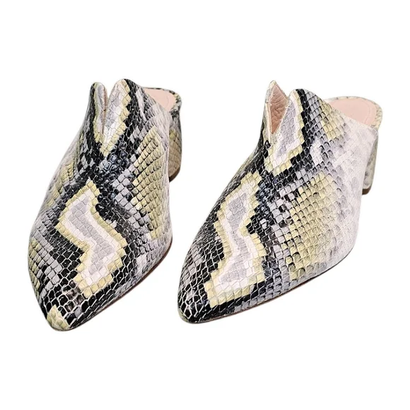 AGL Leather Snakeskin Pointed Toe Mules Size 7.5 Green & Gray Designer Luxury - Picture 3 of 15